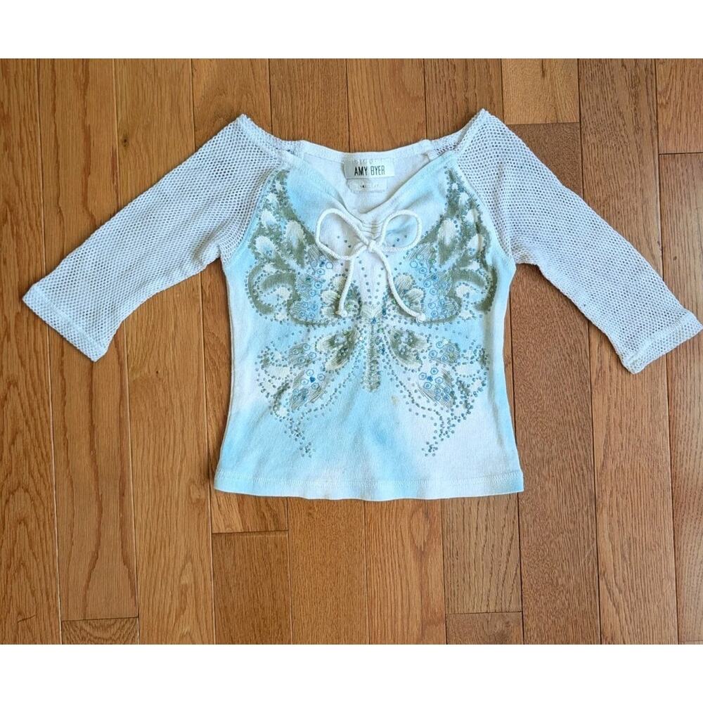 Vintage Y2K Butterfly Sequin Netted Mesh Sleeve Top Girls 7 Retro